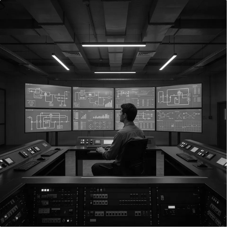 Operator at a control desk in front of a wall of monitoring screens