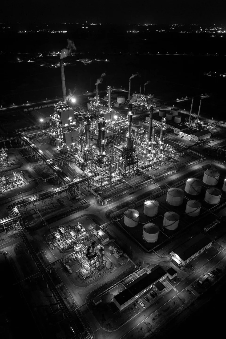 Aerial view of a lit industrial plant and storage tanks at night