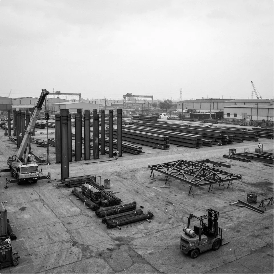 Fabrication yard with steel columns, beams, trusses and a mobile crane