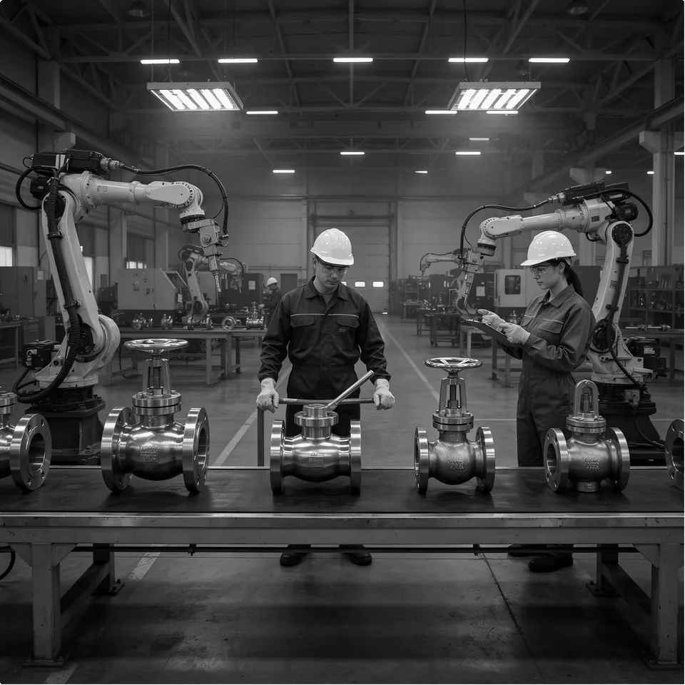 Two technicians inspecting flanged gate valves on a workshop bench